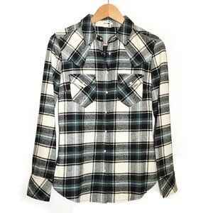 Levi's Cream Black Blue Plaid Western Flannel Shirt with Snap on Buttons XS
